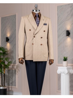 Italyan Stil Slim Fit Kruvaze Erkek Tek Ceket Kahverengi T14284