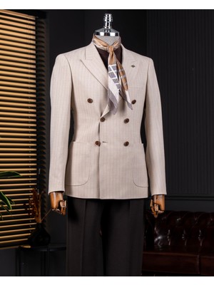 Italyan Stil Slim Fit Kruvaze Erkek Tek Ceket Vizon T14283
