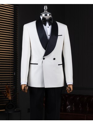 Italyan Stil Slim Fit Şal Yaka Ceket Pantolon Damatlık Set Ekru T14287