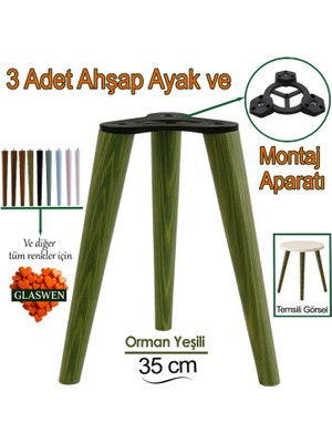 3 Adet Ahşap Ayak 35 cm Orman Yeşili M8 Civatalı Bağlantı Aparatlı Mobilya Tabure Sehpa Masa Destek Ayağı