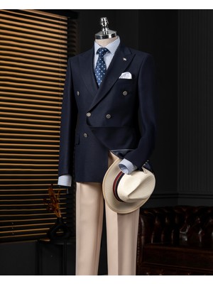 Italyan Stil Slim Fit Kruvaze Erkek Tek Ceket Lacivert T14396