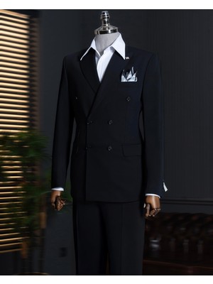 Italyan Stil Slim Fit Kruvaze Erkek Ceket Siyah T13741