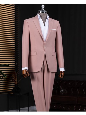 Italyan Stil Slim Fit Ceket Pantolon Takım Elbise Pembe T14159
