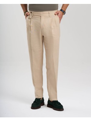 Italyan Stil Slim Fit Keten Karışımlı Pantolon Bej T13624