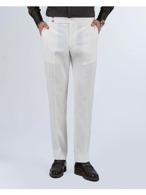 Italyan Stil Slim Fit Bel Detaylı Çizgili Erkek Pantalon Bej T13685