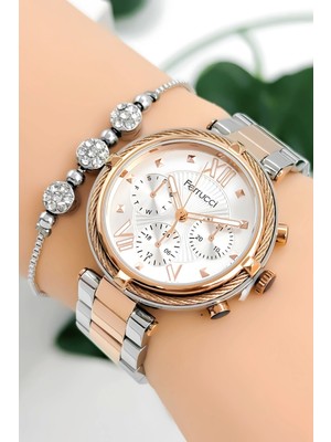 Ferrucci Kadın Kol Saati Çelik Kordon Çelik Kasa Taşlı Bileklik Hediyesi ile Rose-Gümüş ZMFER045