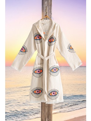 Varol Organik %100 Pamuk Kapşonlu Sabalık Bornoz Plaj Elbisesi - Göz - L/xl