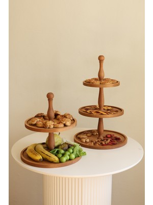 Justwood 2 Li 2 Katlı Kek Standı ve  3 Katlı Ahşap Pasta Sunum Servis Tabağı Seti