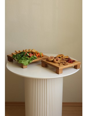 Justwood 2 Li Tityos Küp Ayaklı 25X25 cm ve 30X30 cm Ahşap Kare Pasta Sunum Servis Tabağı