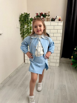 Prime Butik Kelebek Yakalı Bluz Şort Etekli 3lü Takım Mavi