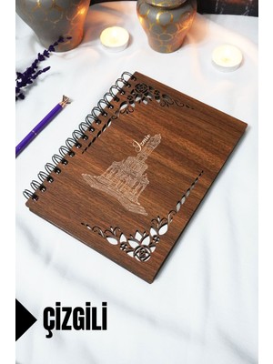 Izmir Ahşap Kapaklı Defter - Çizgili Defter - 60 Yaprak (120 Sayfa) - A5 15X21 cm Izmir Saat Kulesi
