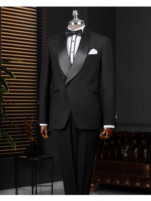 Italyan Stil Slim Fit Şal Yaka Ceket Pantolon Damatlık Set Siyah T14274