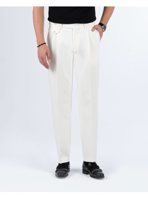 Italyan Stil Slim Fit Bel Detaylı Erkek Pantolon Ekru T14137