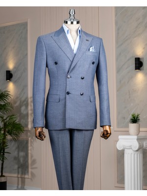 Italyan Stil Slim Fit Kruvaze Ceket Pantolon Takım Elbise Mavi T14467