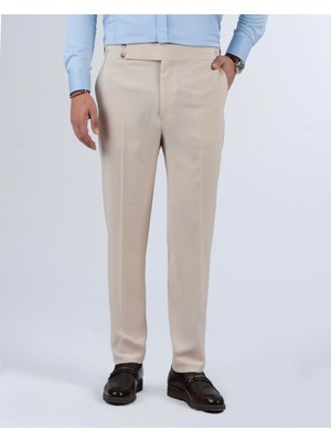 Italyan Stil Slim Fit Bel Detaylı Gofre Kumaş Erkek Pantolon Bej T13956