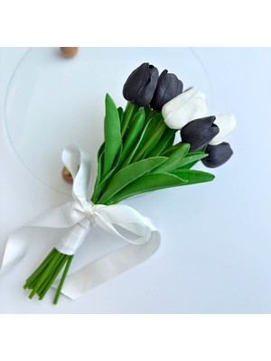 Jakaranda Design 13'lü Siyah Beyaz Yapay Lale Buketi, Dekoratif Masa-Hediye Aranjmanı, Beşiktaş Temalı, Kedi Biblo Hediyeli
