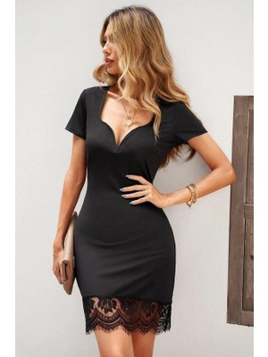 Kadın Kısa Kollu Kalp Yakalı Dantelli Dalgıç Elbise