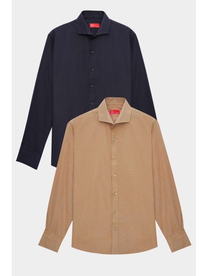 Ds Damat Slim Fit Lacivert/kahverengi Italyan Yaka Kolay Ütülenebilir 2'li Gömlek 2HF02ORTBN86