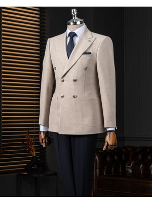 Italyan Stil Slim Fit Kruvaze Erkek Tek Ceket Vizon T14278