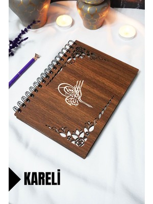 Osmanlı Tuğrası Ahşap Kapaklı Defter - Kareli Defter - 60 Yaprak (120 Sayfa) - A5 15X21 cm