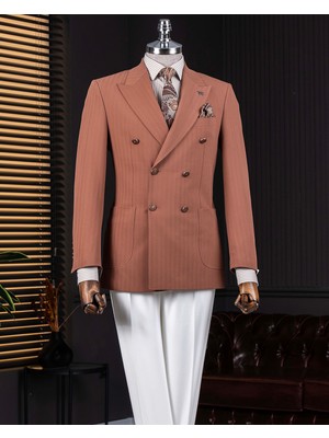 Italyan Stil Slim Fit Balıksırtı Desen Kruvaze Erkek Tek Ceket Kahverengi T14075