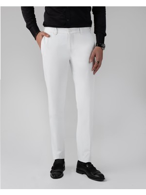 Italyan Stil Slim Fit Bel Detaylı Erkek Pantolon Beyaz T13954