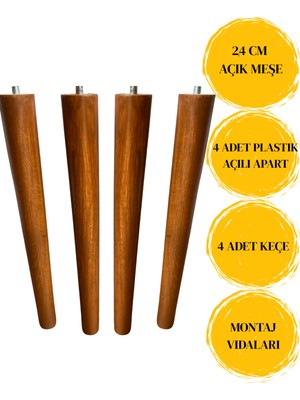 Hamadex 24 cm Açık Meşe Konik Ayak 4 Adet Tv Ünitesi, Sehpa Komidin Ayağı  Puf Montaj Aparat ve Vidaları Dahil