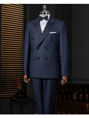 Italyan Stil Slim Fit Kruvaze Ceket Pantolon Damatlık Set Lacivert T14005