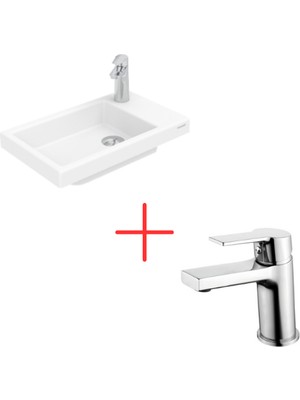 Creavit Elmas Tezgah Üstü Lavabo 30X50 cm Beyaz ve Luna Lavabo Bataryası (TP026+LN1500)