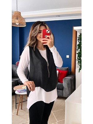 Kadın Uzun Kol Asimetrik Kesim Viskon Bluz ve Çatlak Deri Görünümlü Fermuar Detaylı Yelek Ikili Takım