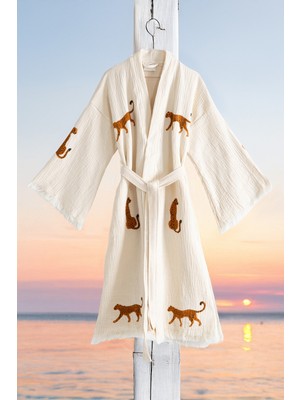 Varol Organik %100 Pamuk Kimono Yaka Sabalık Bornoz Plaj Elbisesi - Leopar - L/xl