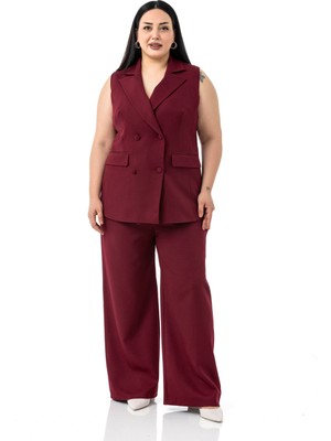 Büyük Beden Kaplama Düğmeli Yelek Pantolon Bordo Ikili Takım