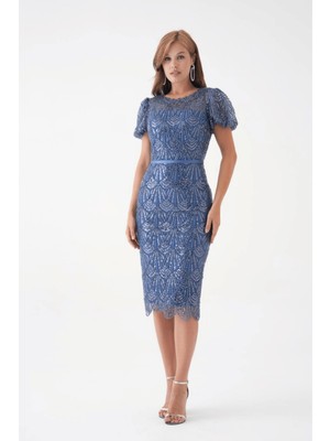 Full Boncuklu Kalem Elbise - Indigo Mavi