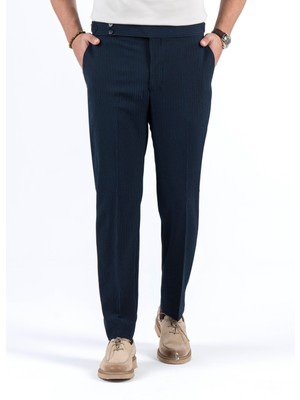 Italyan Stil Slim Fit Bel Detaylı Çizgili Erkek Pantalon Lacivert T13684