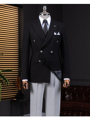 Italyan Stil Slim Fit Kruvaze Erkek Tek Ceket Siyah T14397