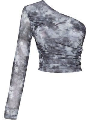 Şerit Detaylı Tül Bluz Gri