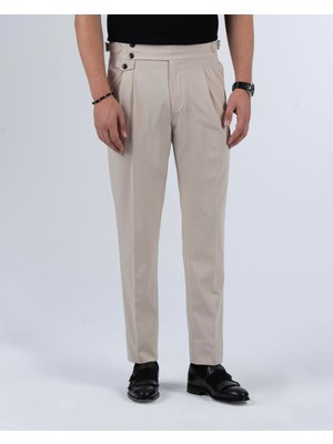 Italyan Stil Slim Fit Bel Detaylı Erkek Pantalon Bej T13706