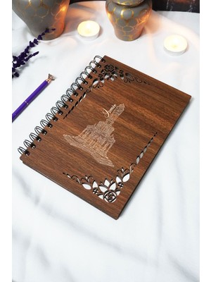 Izmir Ahşap Kapaklı Defter - Çizgisiz Defter - 60 Yaprak (120 Sayfa) - A5 15X21 cm Izmir Saat Kulesi