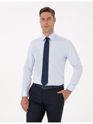 Pierre Cardin Erkek Açık Mavi %100 Pamuk Parlak Saten Slim Fit Uzun Kollu Basic Gömlek 50315407-VR003