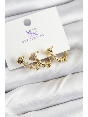 Pirinç Zirkon Taşlı Kalp Model Gold Renk 3'lü Kadın Küpe