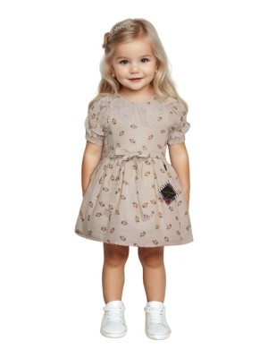 Müslin %100 Pamuk Astarlı Kız Elbisesi & Lady Gold Model & Çiçek Desenli & Dantel Yaka & 2-5 Yaş Bej Renk