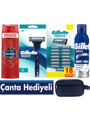 Gillette Mach3 Sport Tıraş Makinesi + Mach3 Sport 18 Adet Yedek Tıraş Bıçağı + Gillette 200 ml Köpük +Old Spice 400 ml Şampuan +Seyahat Çantası