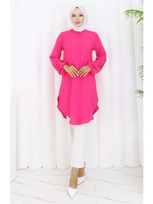 Sefa Merve Boydan Düğmeli Tunik 3118-03 Fuşya