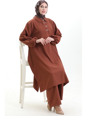 Sefa Merve Gömlek Yaka Tunik Pantolon Ikili Takım 0123-01 Kahverengi