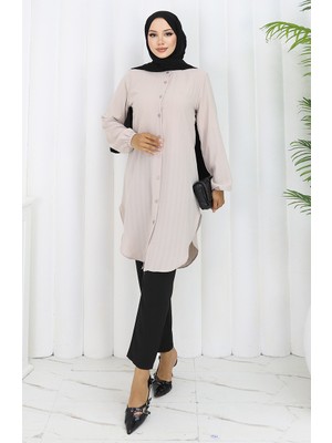 Sefa Merve Boydan Düğmeli Tunik 3118-01 Bej