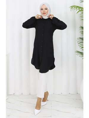Sefa Merve Boydan Düğmeli Tunik 3118-04 Siyah