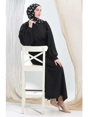 Sefa Merve Gofre Kumaş Kuşaklı Elbise 2043-04 Siyah