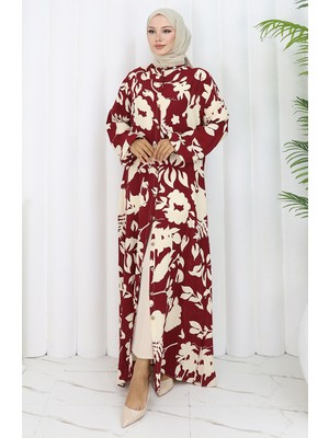 Sefa Merve Viskon Kumaş Boydan Düğmeli Desenli Elbise 0121-01 Bordo
