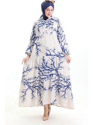 Sefa Merve Yarım Düğmeli Desenli Elbise 2110-05 Indigo