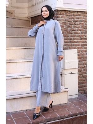 Sefa Merve Aerobin Kumaş Tunik Pantolon Ikili Takım 2103-04 Gri